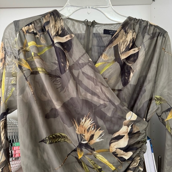 ALLSAINTS Hanako Floral Mesh Top Olive Green - Picture 8 of 11